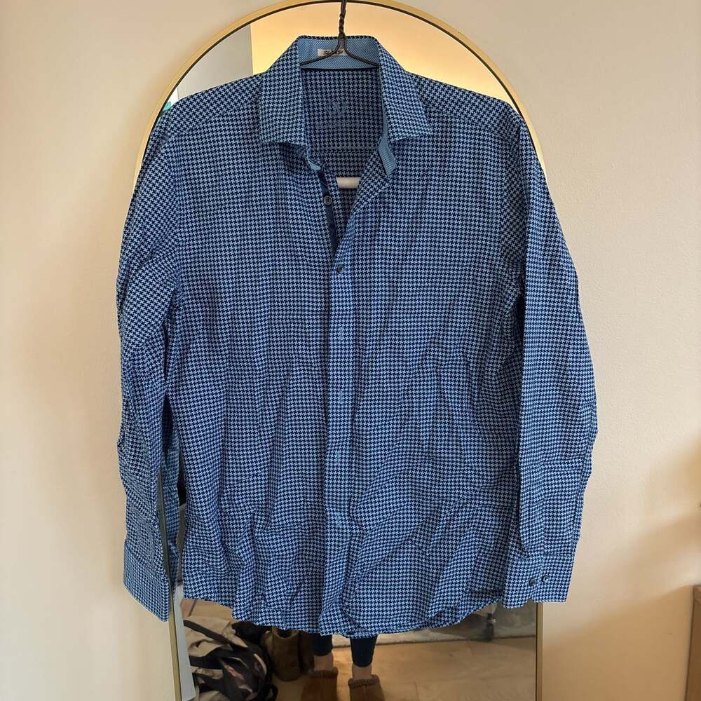 Bugatchi cotton Houndstooth Button-Up Shirt in Blue